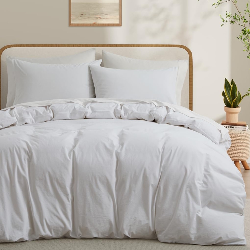 White Washed Cotton Duvet Cover Set Linen Like Texture Minimalist Bedding
