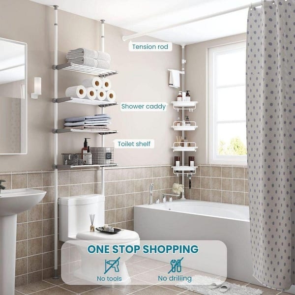 White Wire Baskets Tension Pole Shower Caddy with Four Tiers