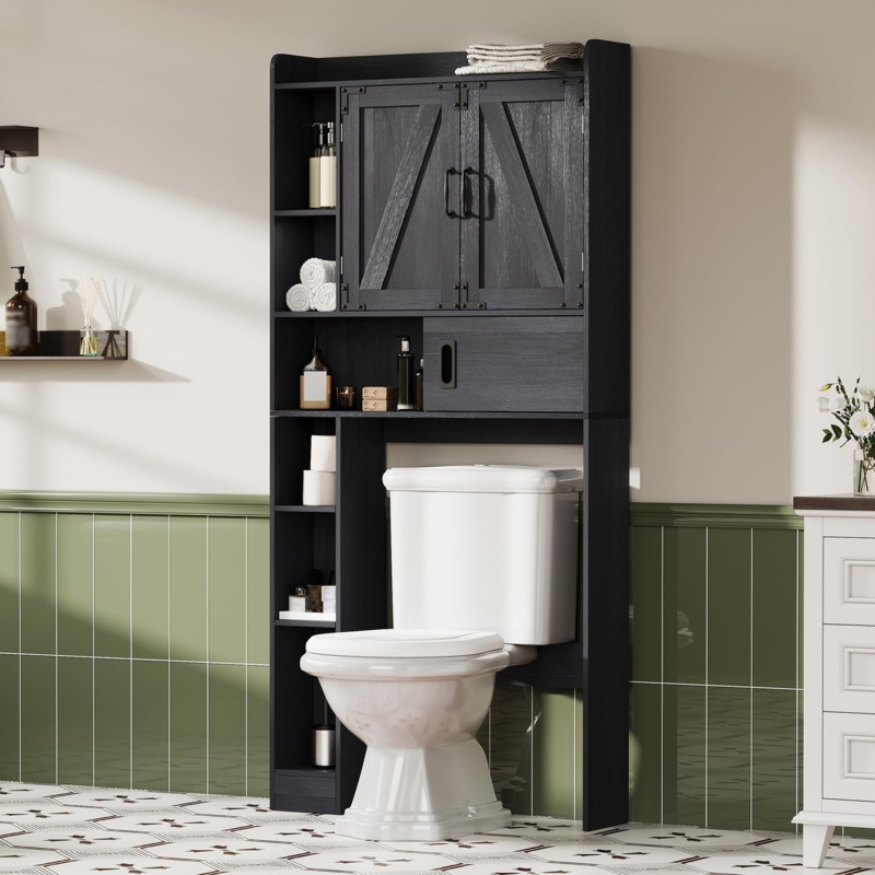 Whitewashed Over The Toilet Storage Cabinet with Two-Tone Barn Doors.