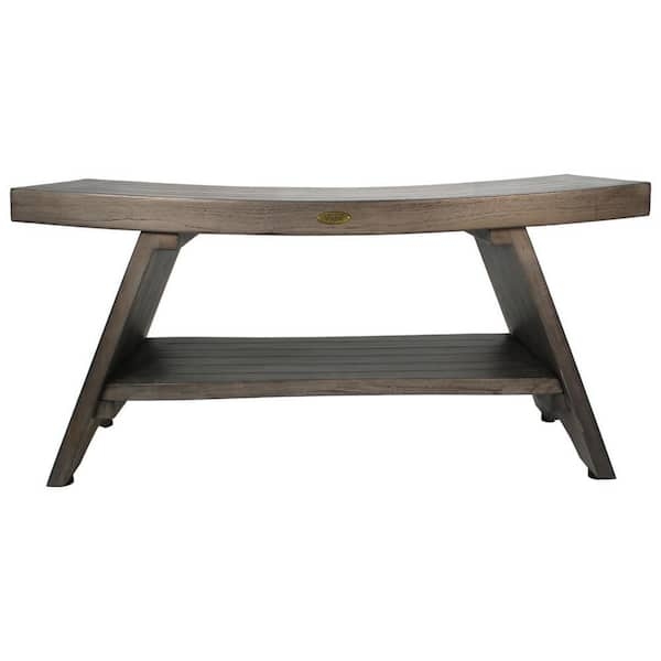 Wide Weathered Gray Shower Bench Slatted Seat Shelf