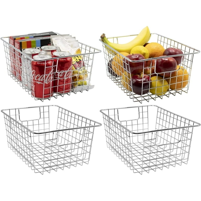 Wire Storage Basket Brushed Metal Open Design Integrated Handles