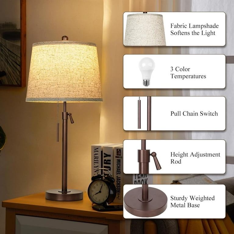 Wood and Gold Table Lamps Set Adjustable Telescopic Neck