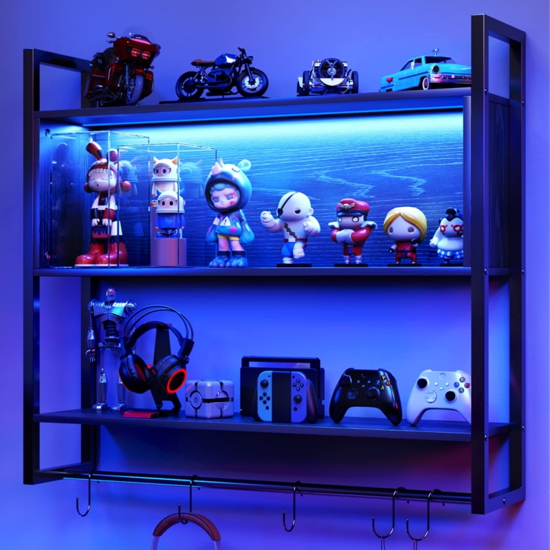 Wood Gaming Floating Shelves: 3-Piece Set with Integrated LED Lighting