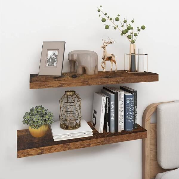 Wood Tone Ledge Shelves with Front Lip for Minimalist Picture Display