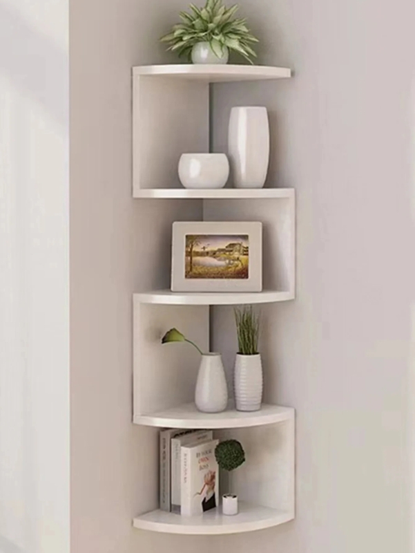 Wood Toned Corner Shelf Five Tier Natural Wood Grain Scandinavian