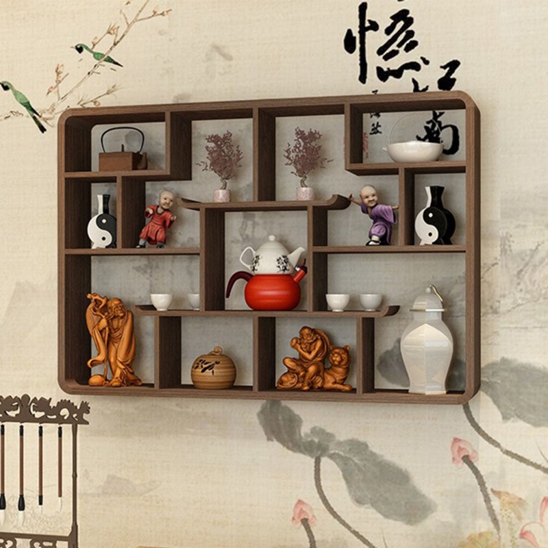 Wood Toned Curio Cabinet: Circular Silhouette with Asymmetrical Shelving