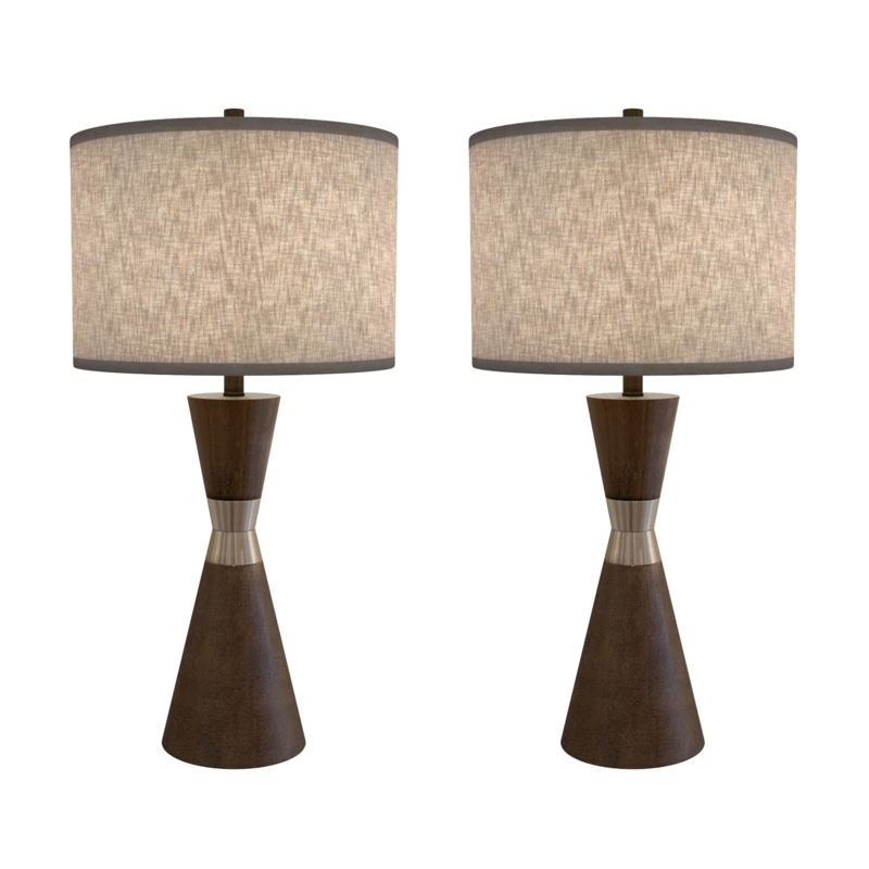 Wood Toned Hourglass Table Lamp Set with Silver Metallic Accents