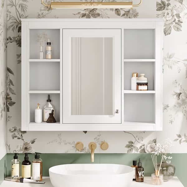 Wood Toned Medicine Cabinet with Six Open Shelves Scandinavian Style
