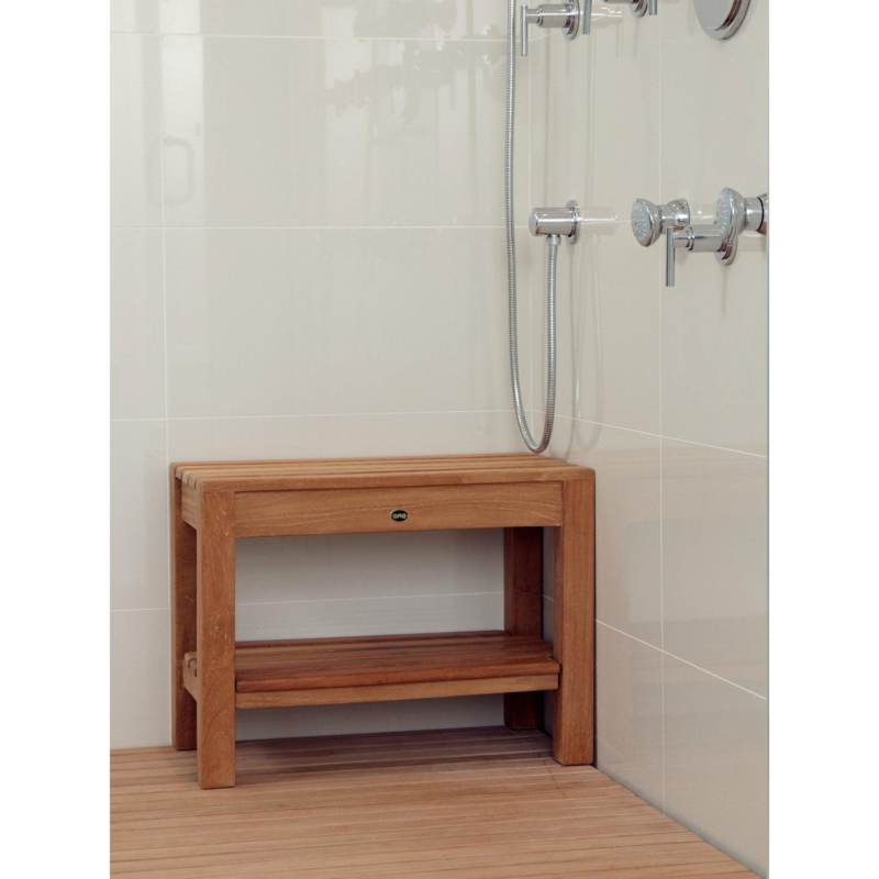 Wood Toned Shower Bench with Straight Legs and Slatted Storage Shelf