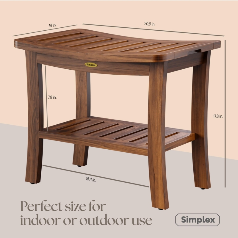 Wood Toned Shower Stool with Handle Cutouts and Lower Shelf