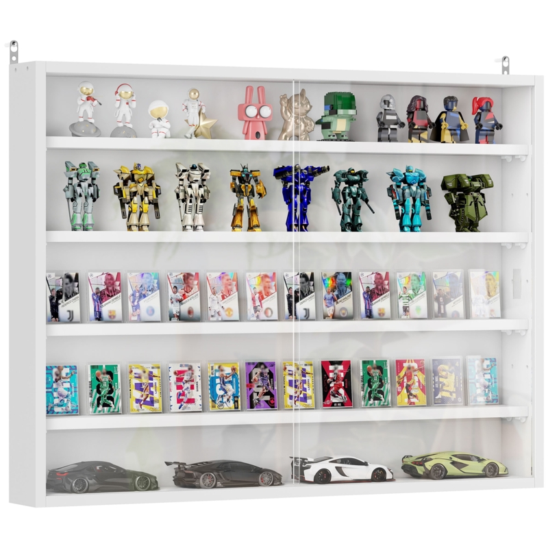 Wood-Toned Wall Display Cabinet: 5-Tier Glass Front Collector's Case
