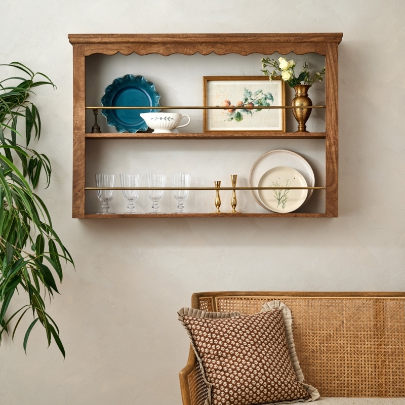 Wood Wall Shelf with Brass Gallery Rails for Plate Display