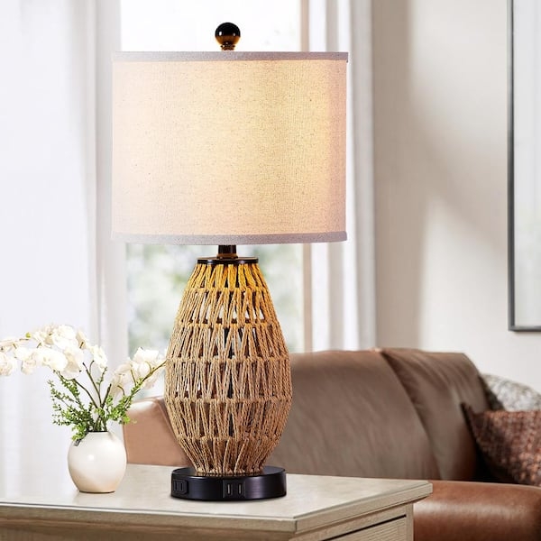 Woven Rattan Table Lamp with Touch Control & USB Ports