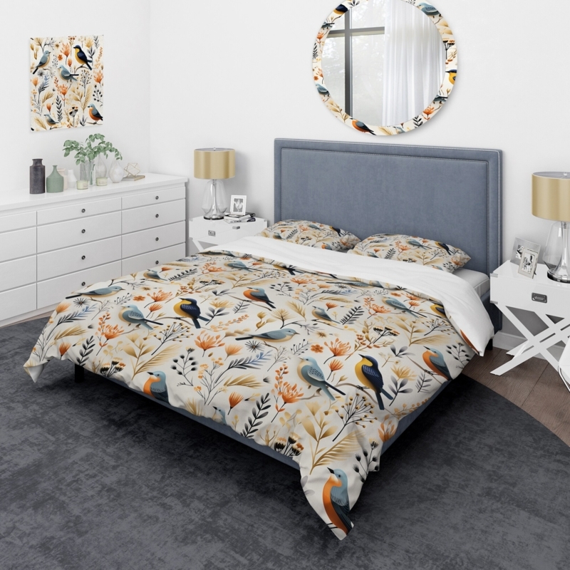 Yellow Bedding Set with Bird Silhouettes, Scandinavian Floral Style