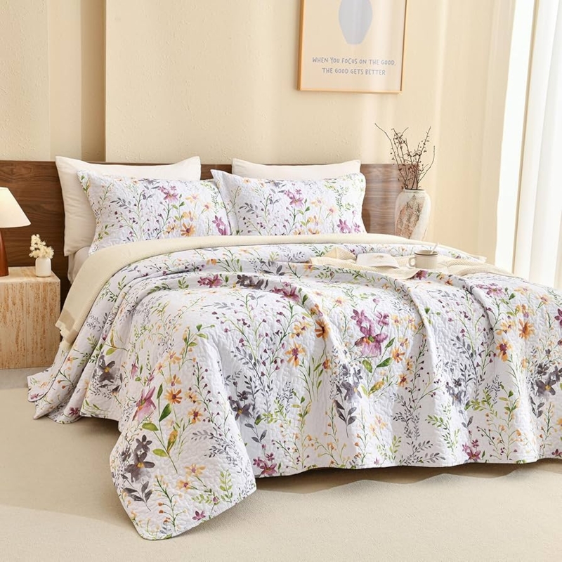 Yellow Wildflower Quilt Set, Natural Cotton, for Cottagecore Bedroom Styling