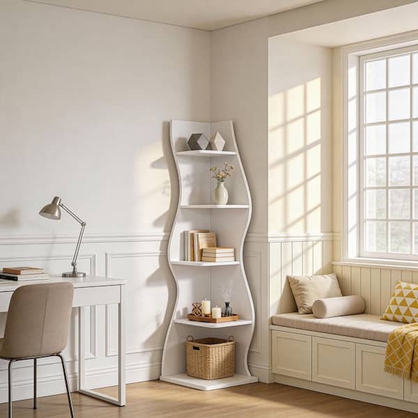 Zig-Zag Corner Bookshelf Five Tiers Rounded Front Shelves Open Back