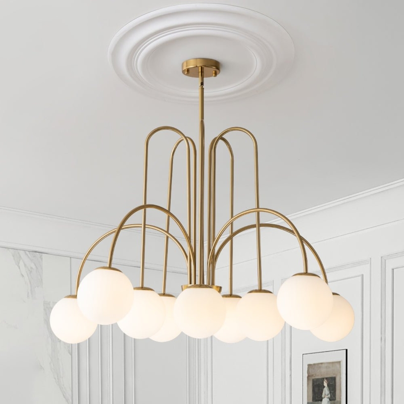 10-Light Chandelier: Matte Black Curved Arms, Frosted Glass Globes
