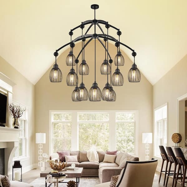 13-Light Matte Black Chandelier Tiered Linear Arms Vintage Style