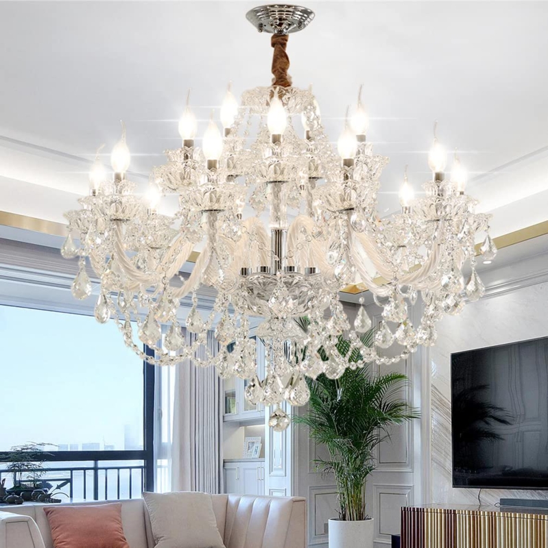 15-Light Tiered Crystal Chandelier, Traditional Candle Pendant Light.