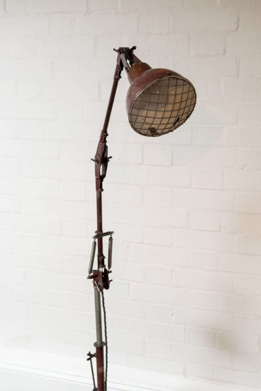 1930s Industrial Floor Lamp: Tripod Base equipped with Caster Wheels