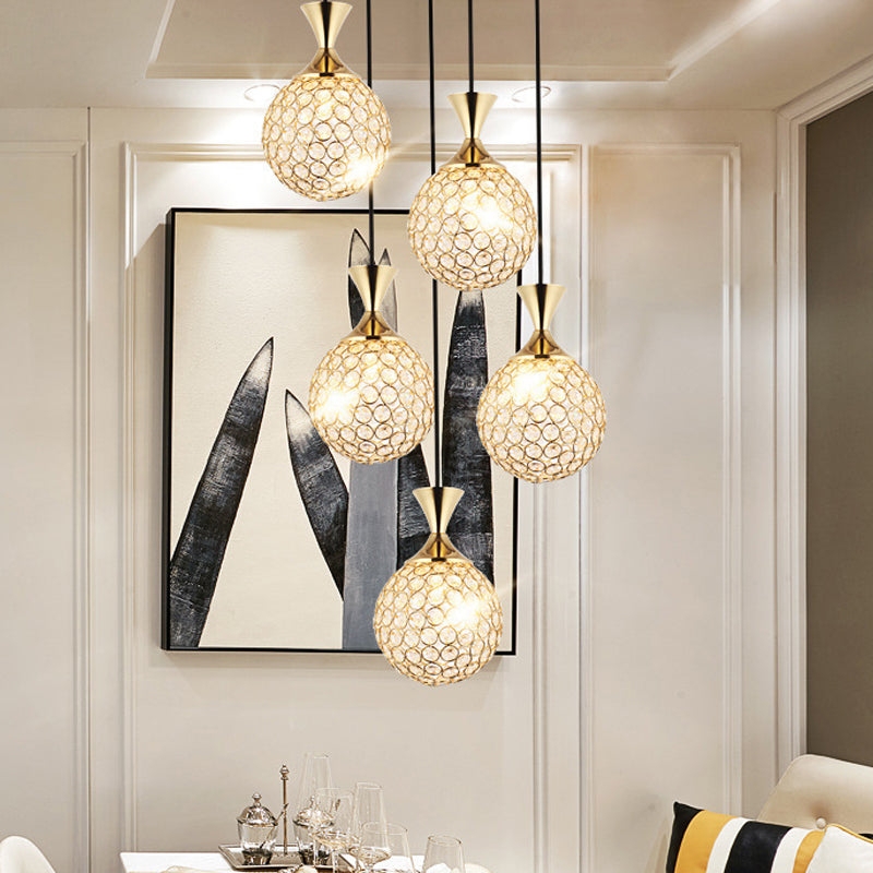 3/5 Bulbs Globe Cluster Pendant Modern Gold Cut Crystal Hanging Ceiling  Light for Dining Room - Clearhalo