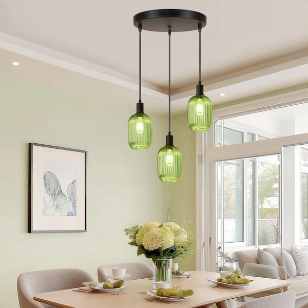 3-Light Linear Pendant, Ribbed Green Glass, Matte Black