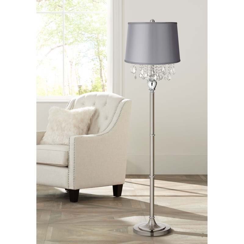 360 Lighting Modern Floor Lamp 62.5" Tall Satin Steel Chrome Crystal  Chandelier Light Gray Satin Drum Shade for Living Room Reading Bedroom - 