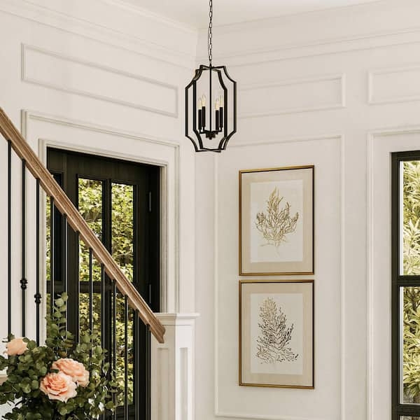 4-Light Pendant: Matte Black Geometric Cage with Wood Toned Accents