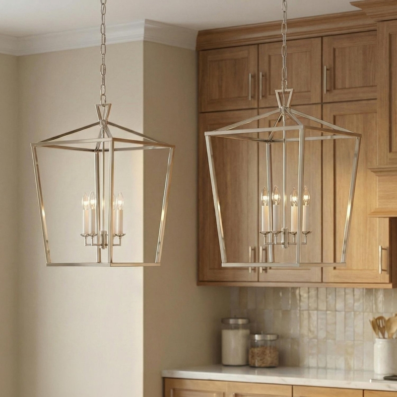 4-Light Pendant: Polished Nickel Open Frame Lantern Cube Silhouette