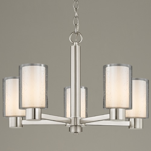 5-Light Chandelier: Satin Nickel Finish, Seeded Frosted Glass Bell Shades