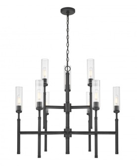 9-Light Chandelier: Matte Black Two-Tier, Upward Tapered Shades