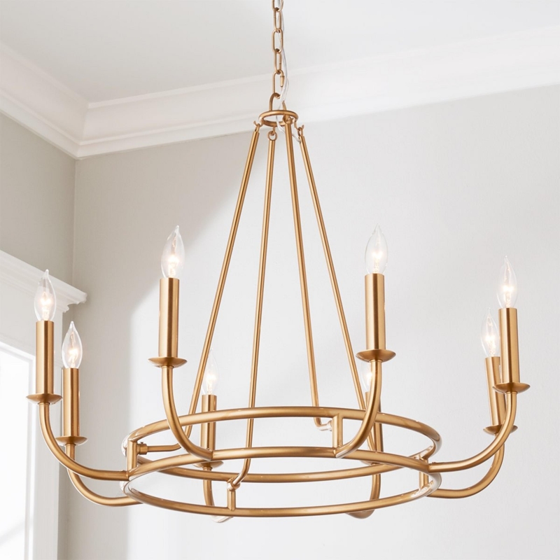 Aged Brass Finish Chandelier with White Downward Facing Shades