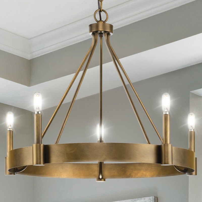 Aged Bronze Hoop Chandelier, Modern Farmhouse Style with Exposed Bulbs