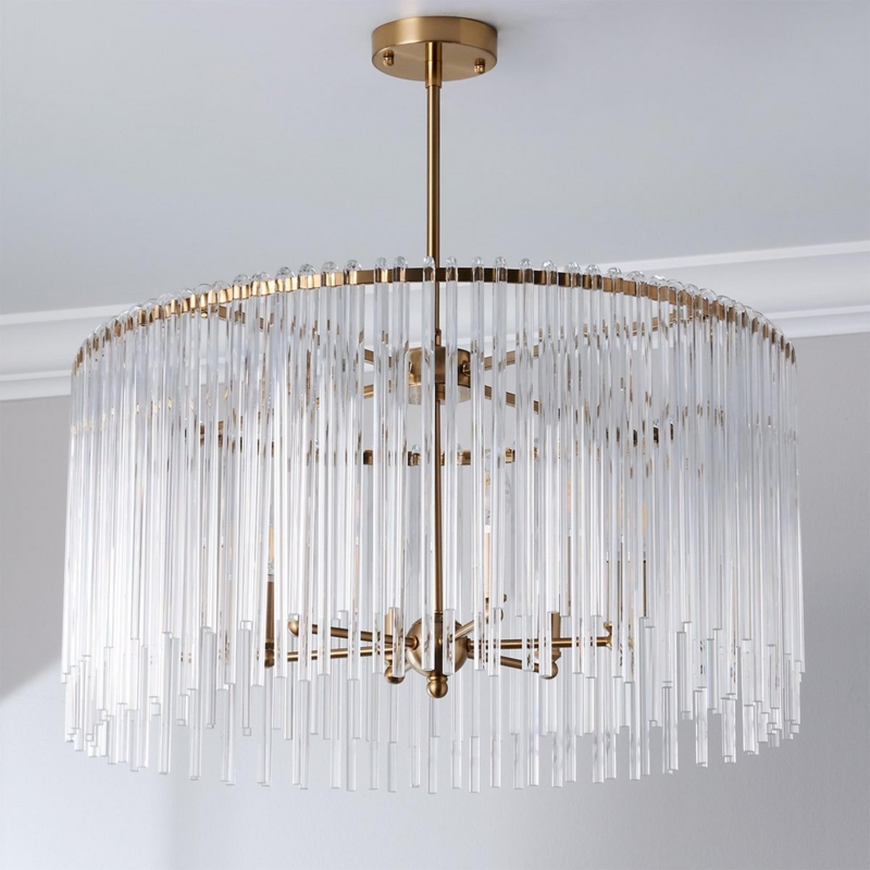 Aged Gold Drum Chandelier Vertical Glass Rods Tiered Glam