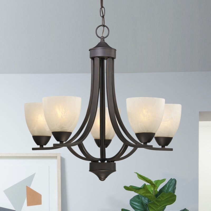 Alabaster Glass Shade Ceiling Light, Dark Bronze 5-Light Chandelier