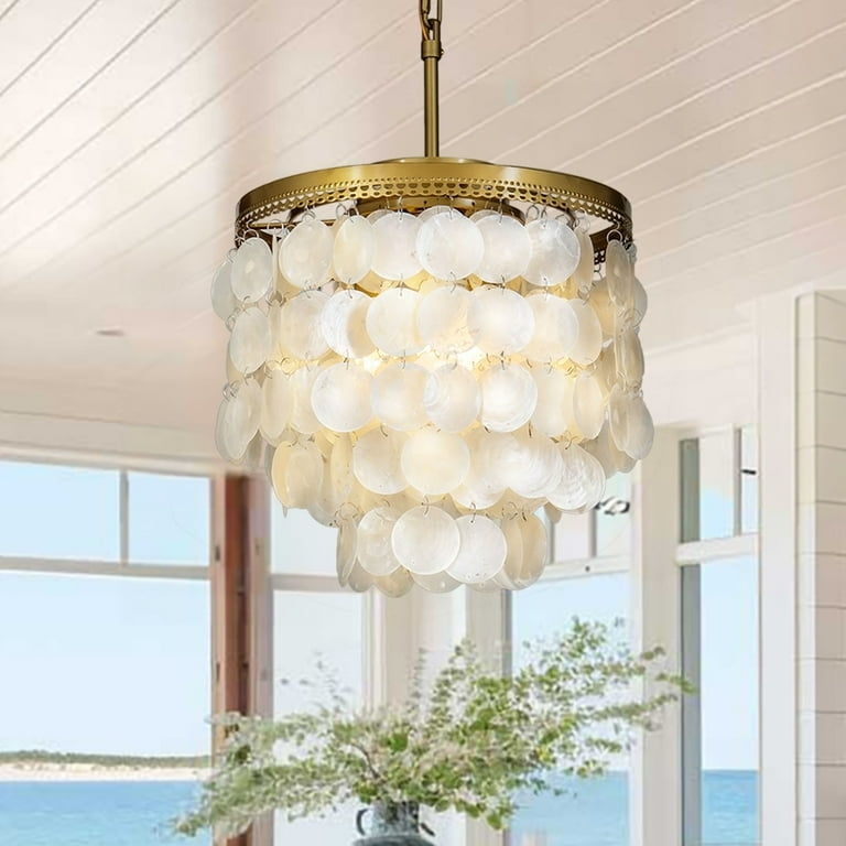 ALOADECOR 3-Lights Tiered Brass Chandelier with Seashell Coastal Lighting  Ceiling -