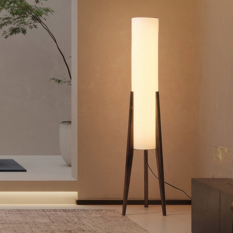 Ambient LED Halo Floor Lamp with Split Wood Pillar Base