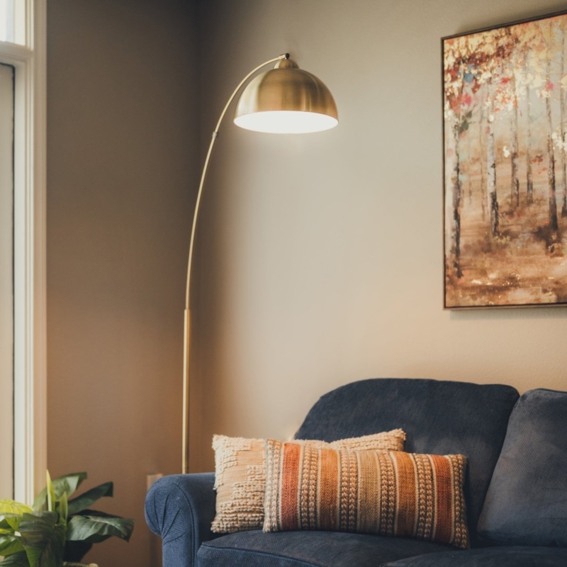 Antique Brass Arc Floor Lamp with White Veined Base, Mid-Century