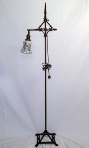 Antique Brass Bridge Arm Lamp with Art Deco Base and Flared Glass Shade