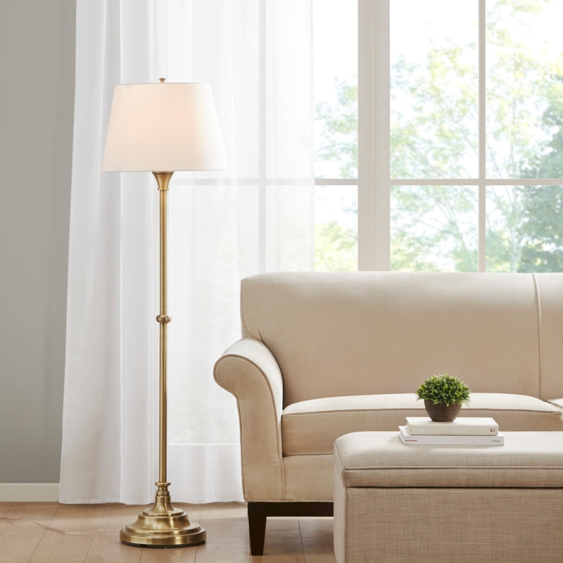 Antique Brass Floor Lamp, Off-White Empire Fabric Shade, Stepped Base