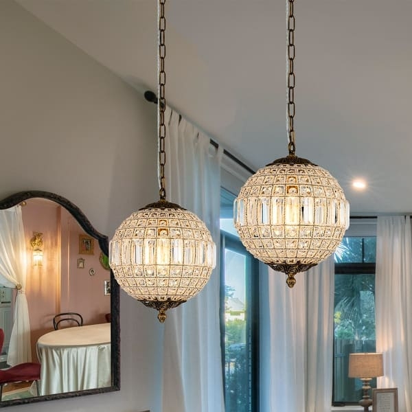 Antique Brass Globe Chandelier French Crystal Faceted Glass Panels