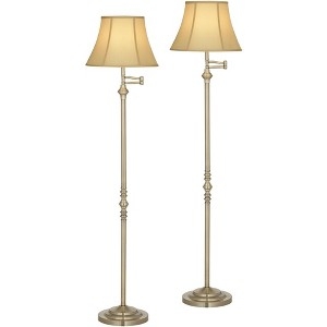 Antique Brass Swing Arm Floor Lamp Set, Pleated Cream Fabric Shades