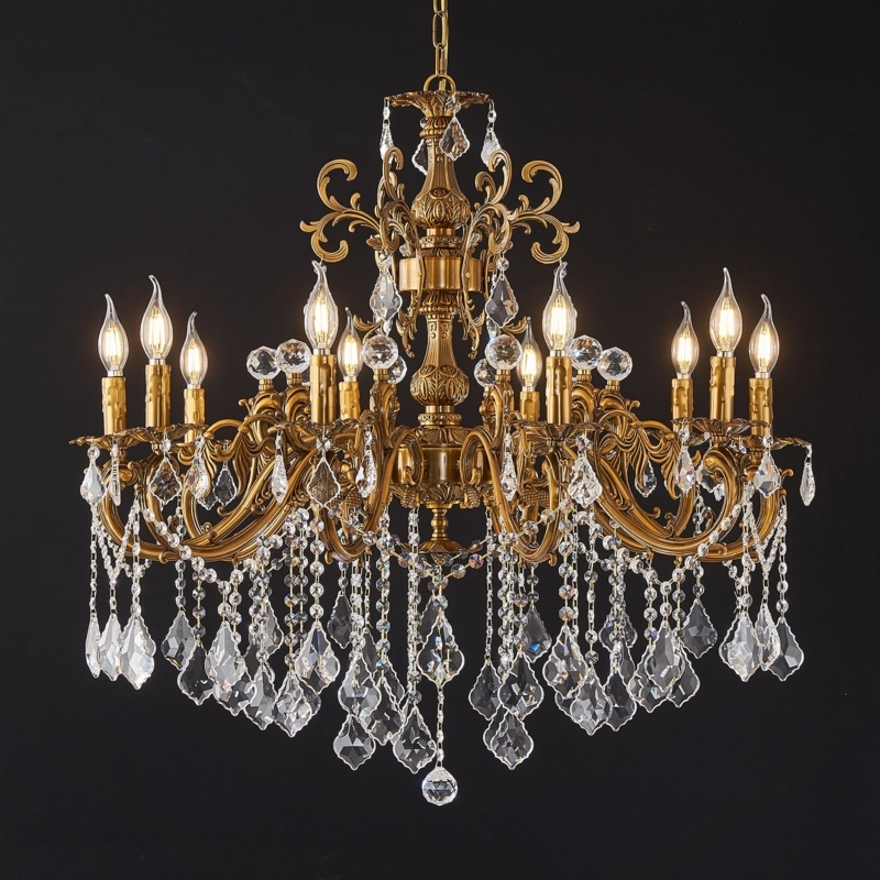 Antique Gold Ten Light Chandelier: Cascading Crystals, Formal Entryway