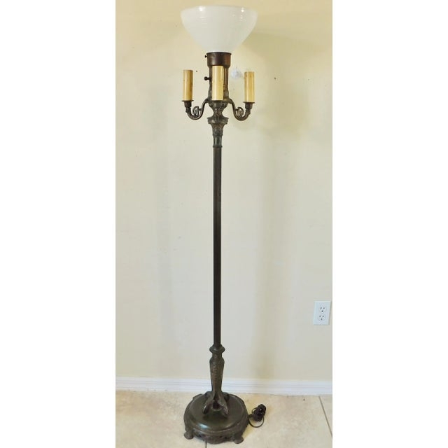 Antique Ornate Brass Torchiere Floor Lamp with Four Candle-Style Lights