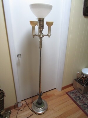 Antique Silver Torchiere Floor Lamp with Three-Arm Candelabra Design
