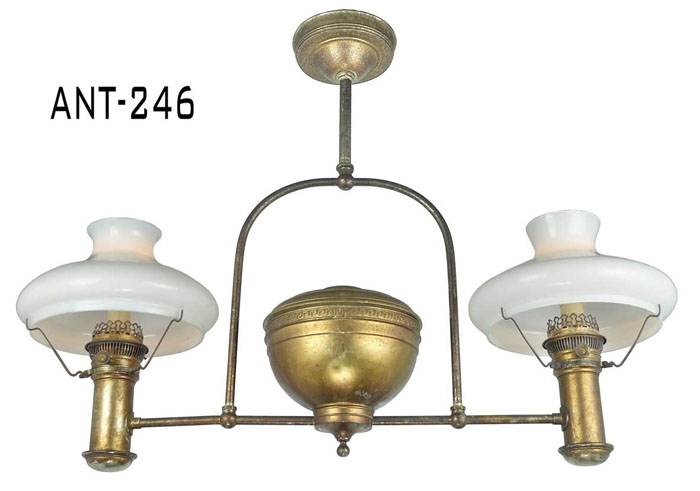 Antique Table Lamp Double-Arm Pedestal Base Glass Chimneys