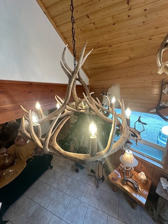Antler Chandelier Interlocking Elk Antlers Hand Patina Chain Seven-Light
