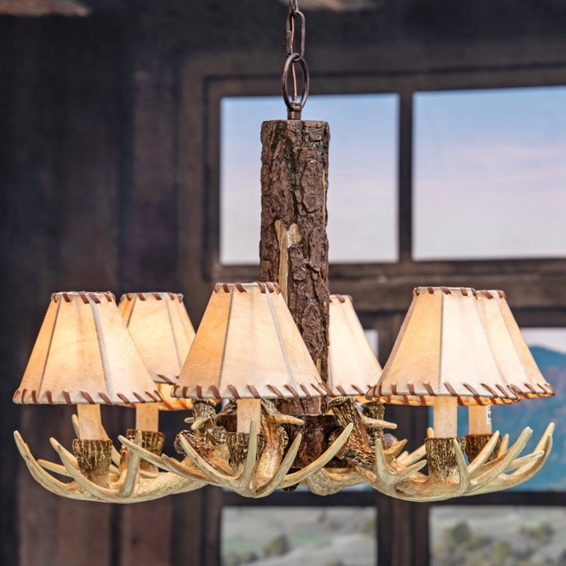 Antler Chandelier Leather-Like Shades Conical Resin Six-Lights Rustic