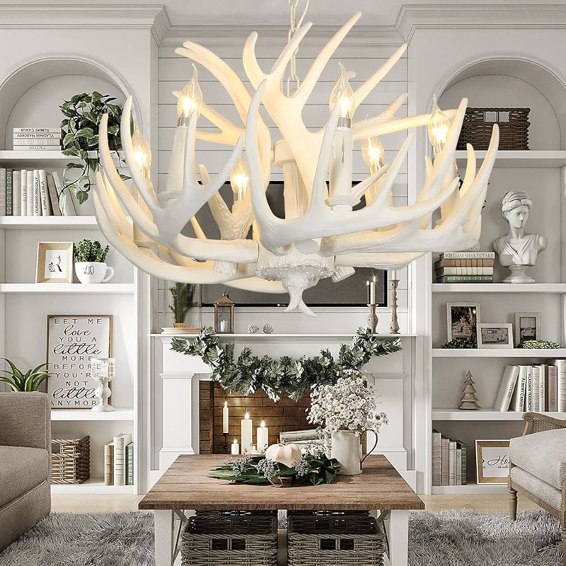 Antler Chandelier Whitewashed Resin 6-Light Rustic Lodge