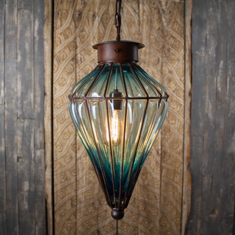 Aqua Blown Glass Pendant Light, Ribbed Texture, Antique Brass